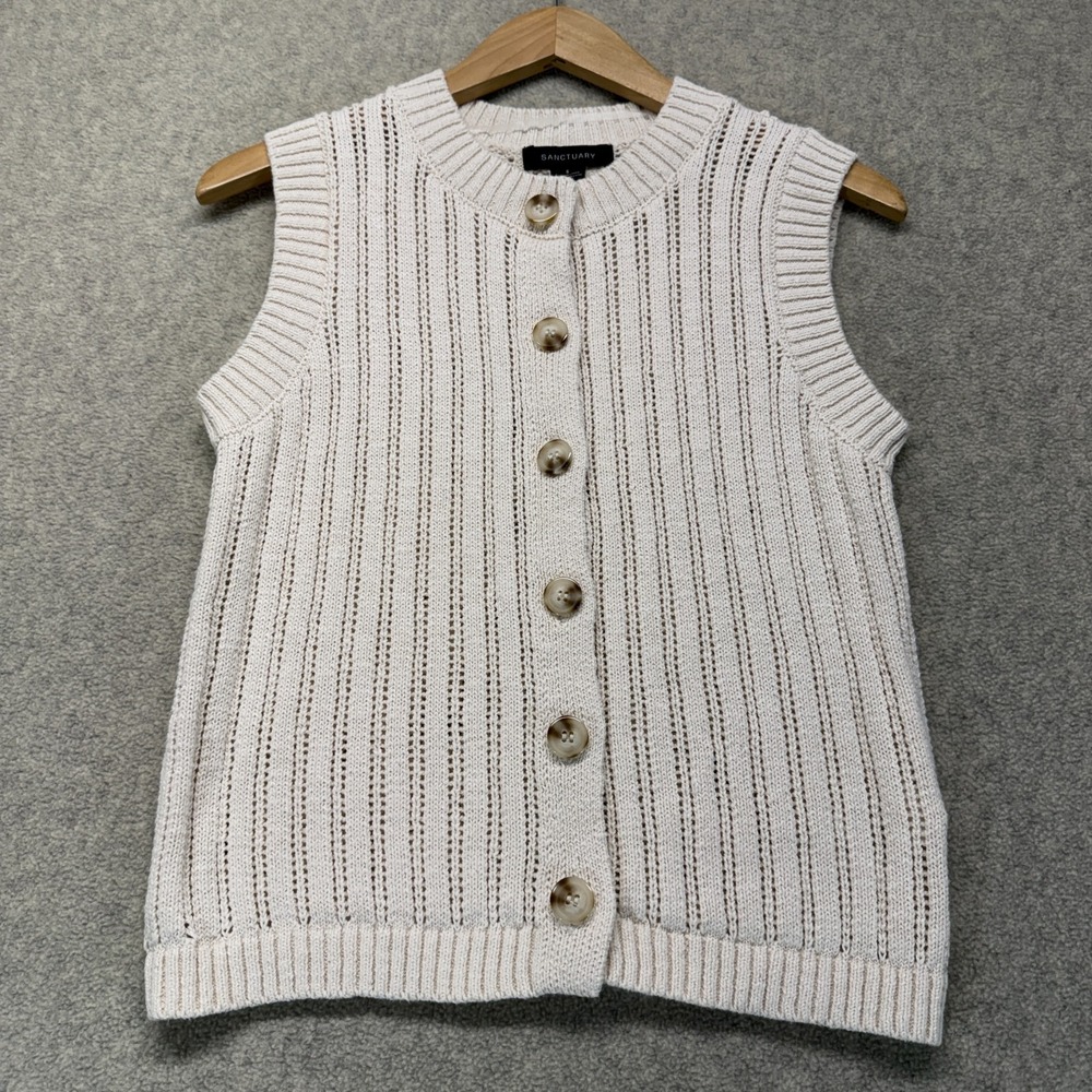 Sanctuary Womens Pointelle Shell Sweater Vest Ivory Boho Chic Button Front S